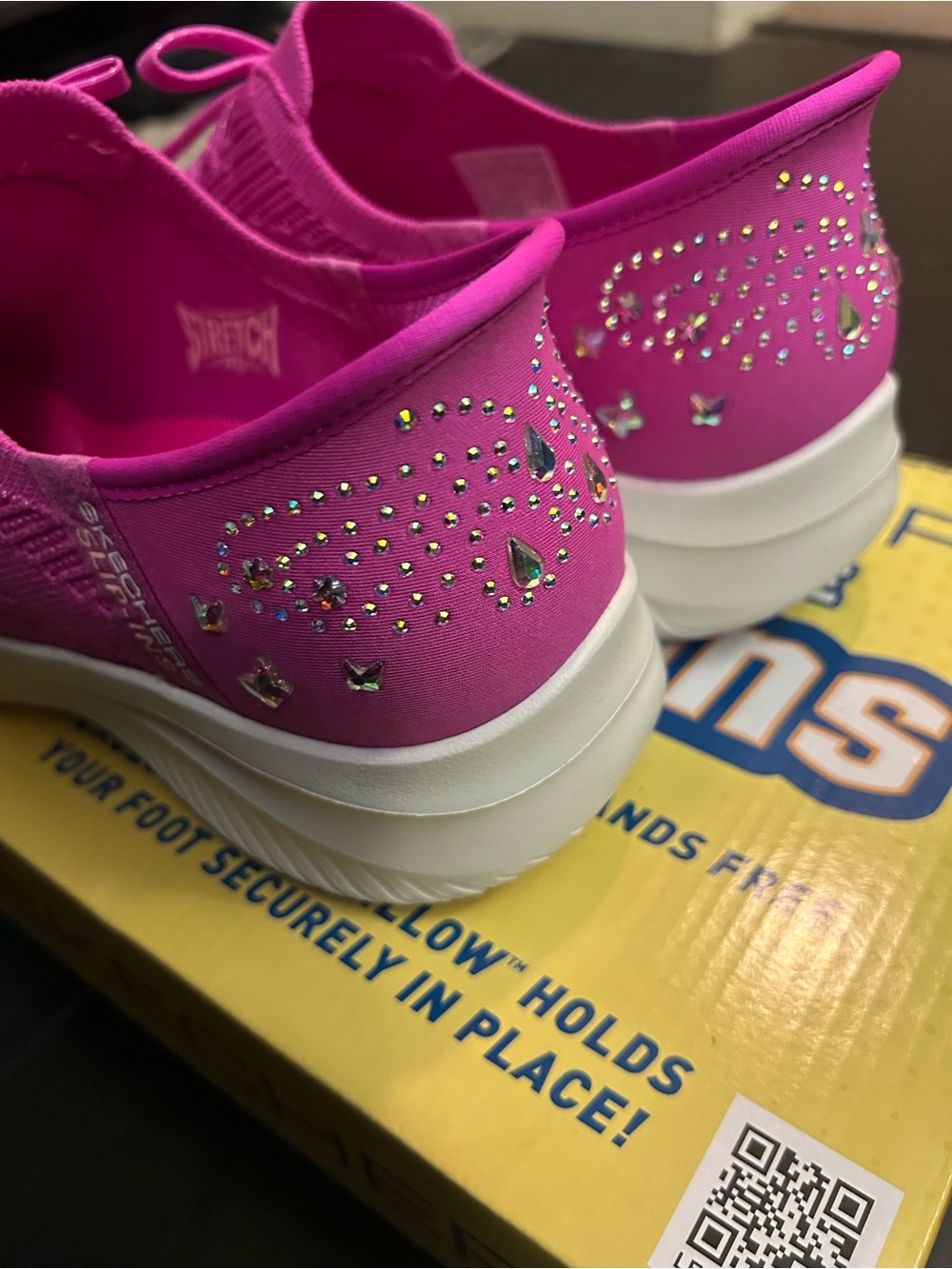 Skechers Women’s Hot Pink Stretch Knit Slip-On Sneakers with Rhinestone Heel - Picture 2 of 10